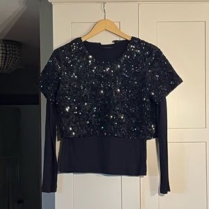 Gryphon New York black sequin crop top with black layer underneath, size L